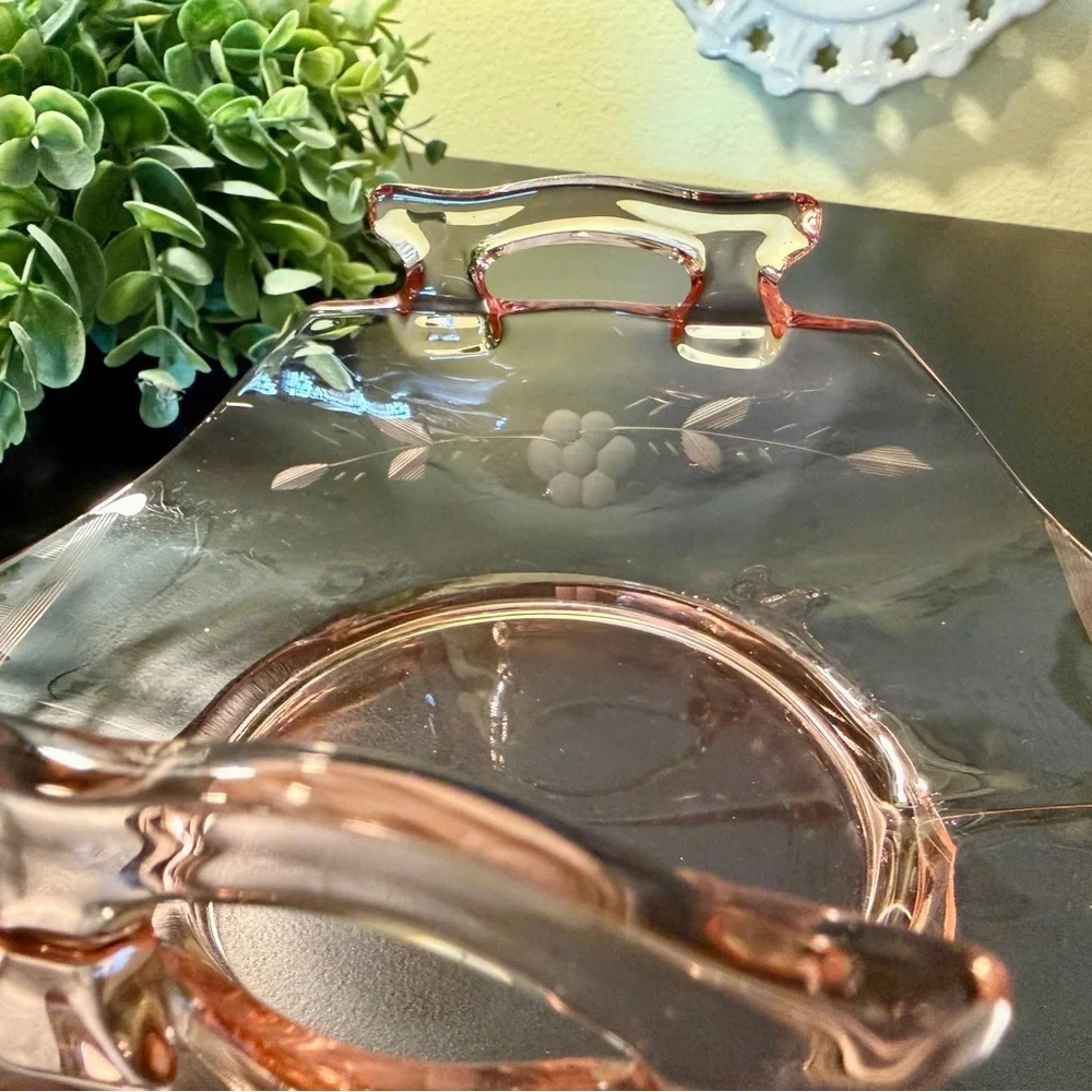 VINTAGE, PINK DEPRESSION GLASS DISH WITH FLORAL ETCHING ON SIDES